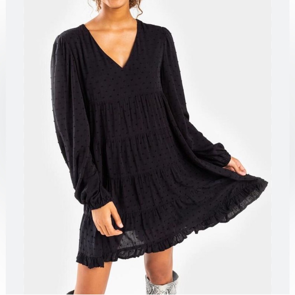 NWT URBAN OUTFITTERS Tiered Mini Dress V-Neck Long Sleeve Dress Black Size XS